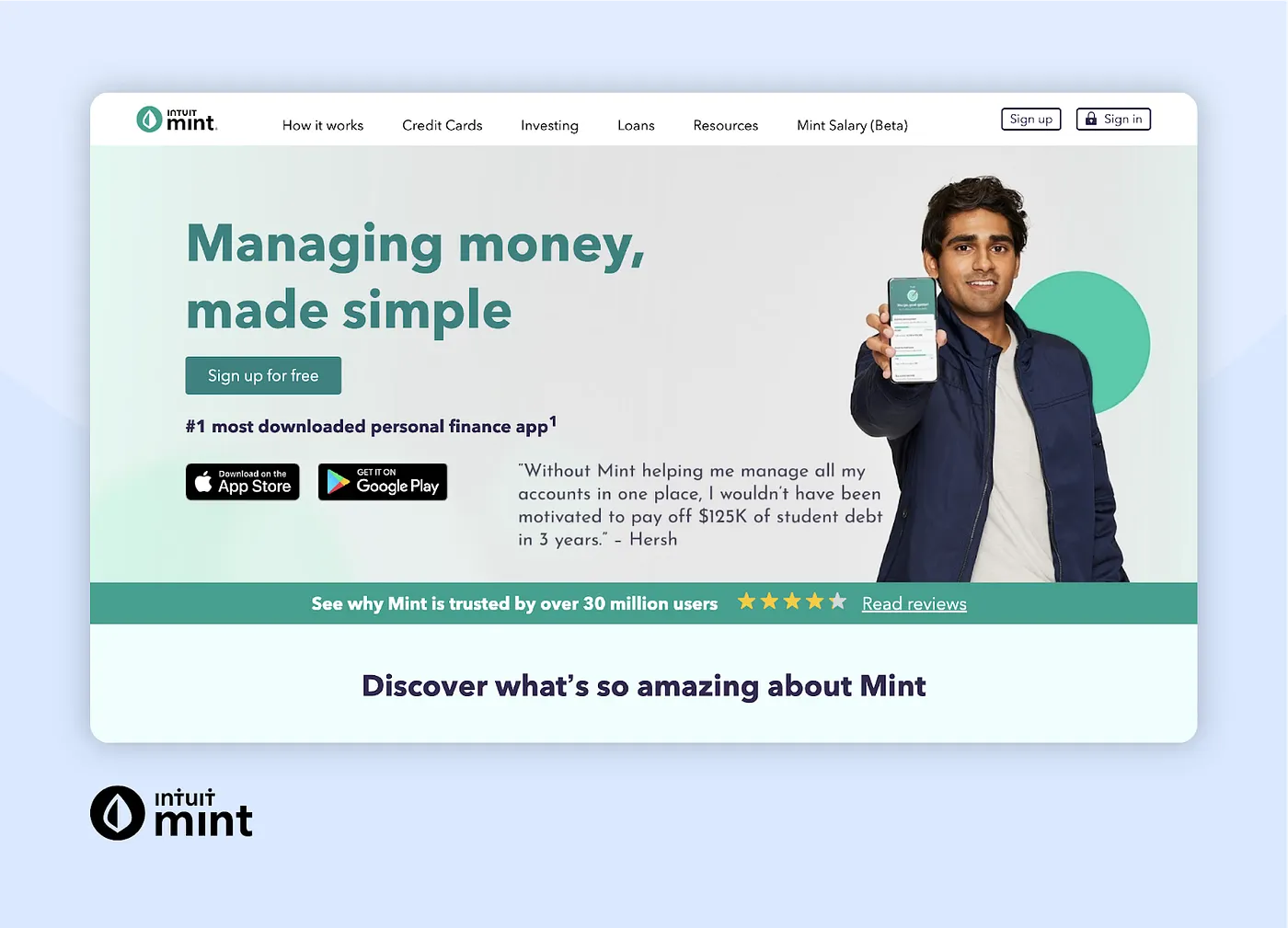 The Intuit Mint homepage as it appeared in 2021: "Managing money, made simple," positioned as the #1 personal finance app, still framed around traditional budgeting.