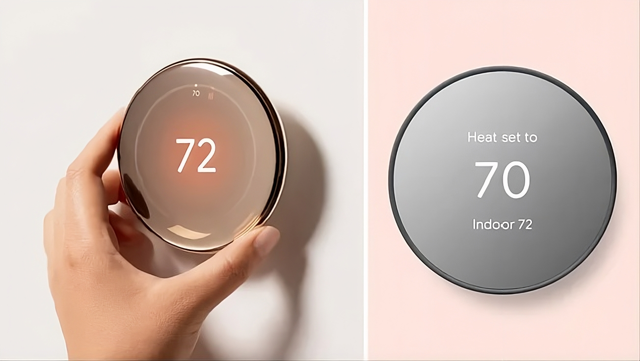 A gold Nest thermostat held in hand showing 72°, beside a grey Nest reading “Heat set to 70 · Indoor 72” — the system optimizing for a learned setting that no longer fits the household.