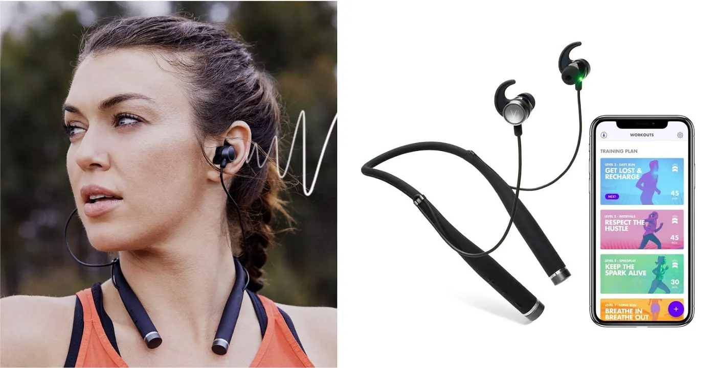 Vi Sense biosensing headphones with a neckband, beside the Vi workout app showing an AI-guided running training plan, as it appeared in 2018.